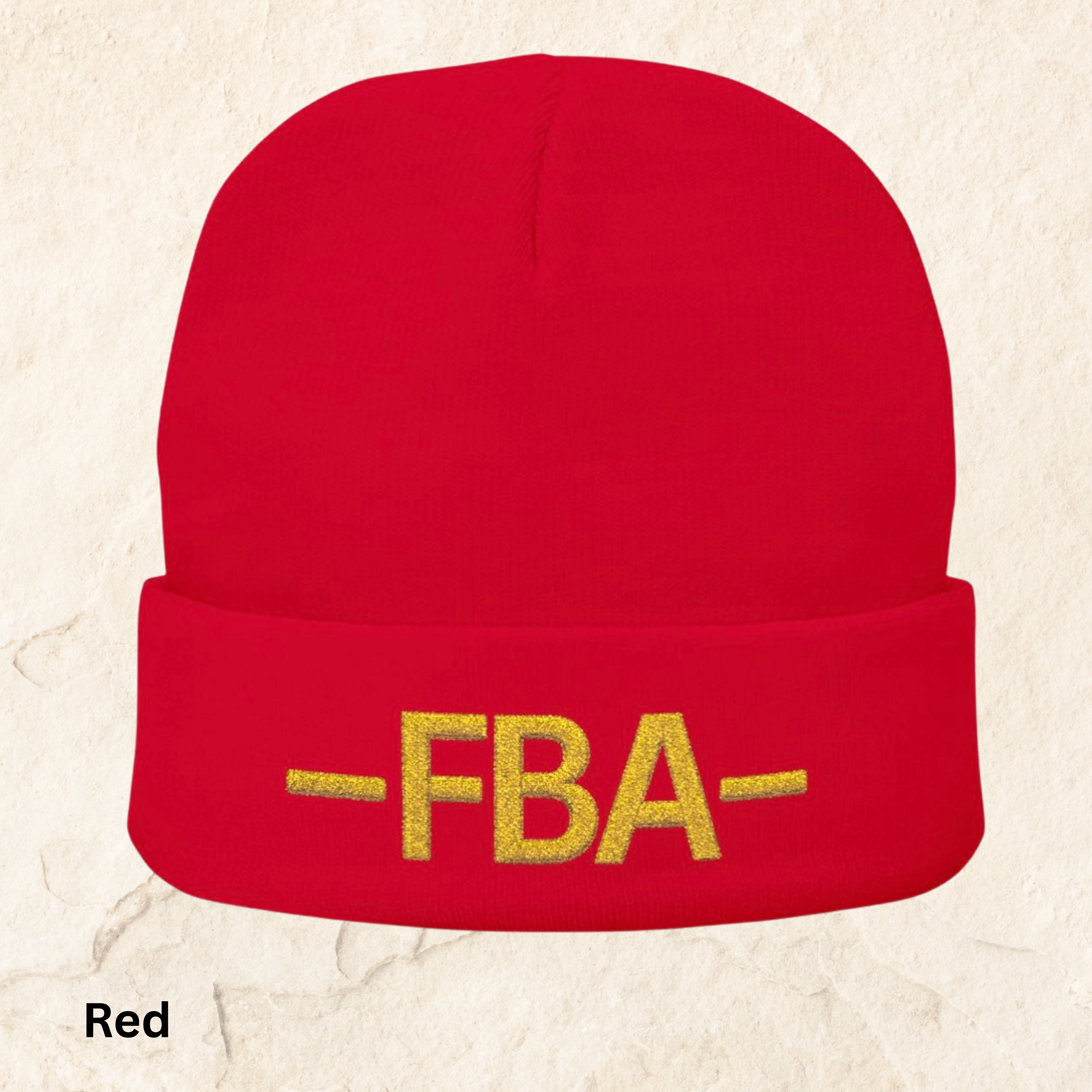 FBA Embroidered Knit Beanie — Warm Cuffed Hat with Gold Lettering