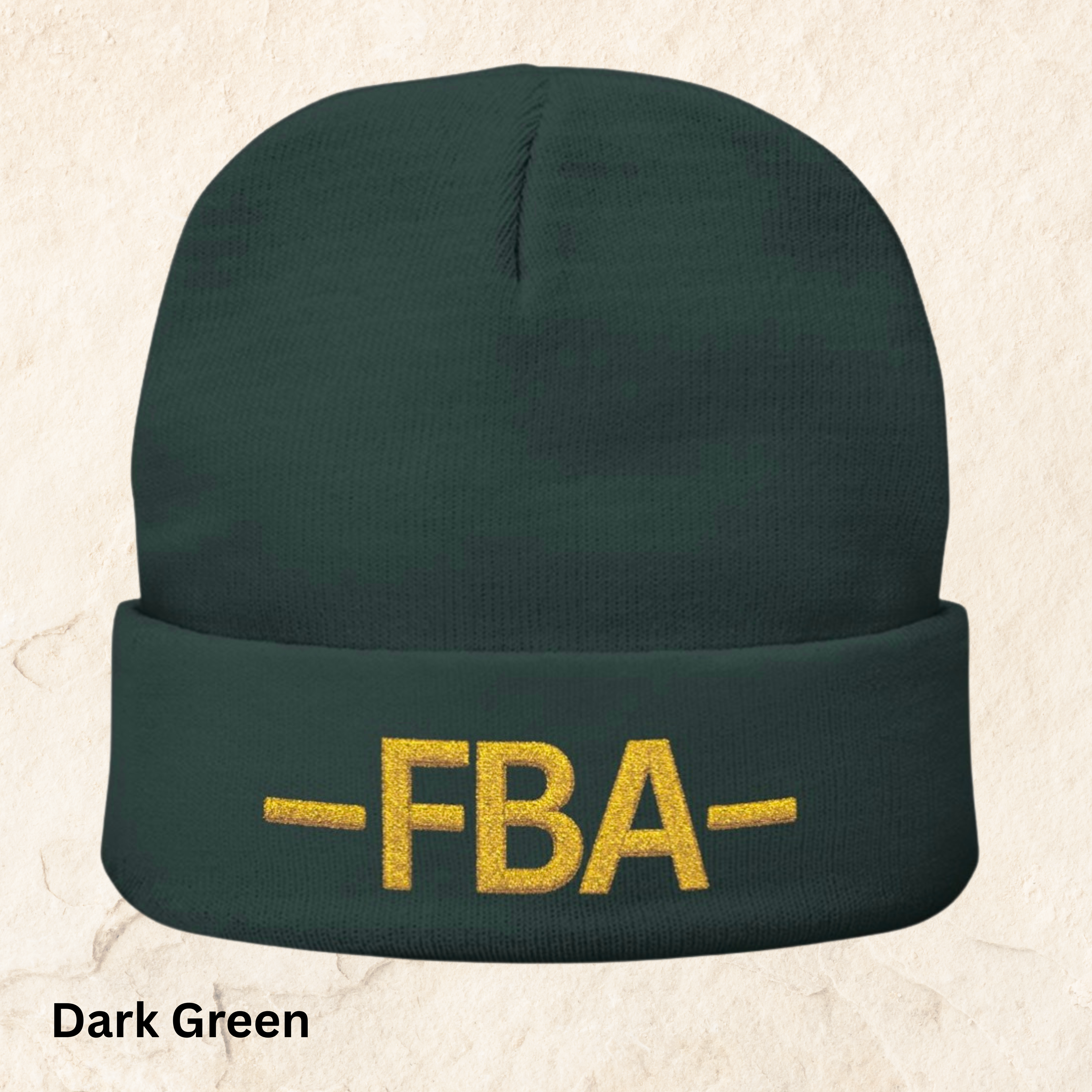 FBA Embroidered Knit Beanie — Warm Cuffed Hat with Gold Lettering