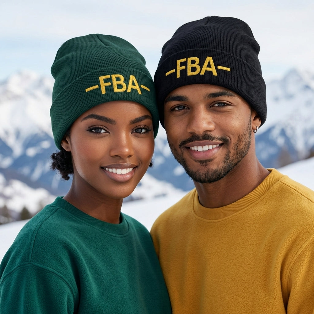 FBA Embroidered Knit Beanie — Warm Cuffed Hat with Gold Lettering