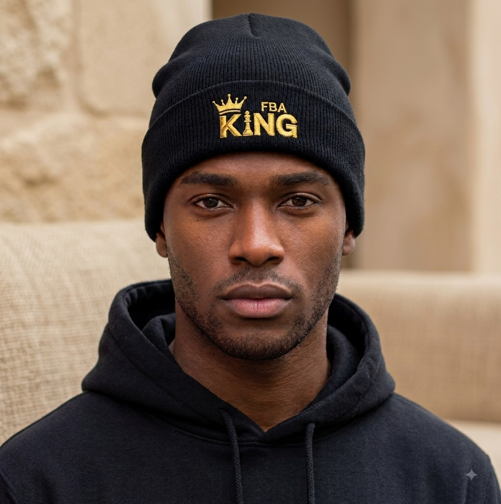 King Embroidered Cuffed Beanie — Gold Crown "FBA King" Knit Hat