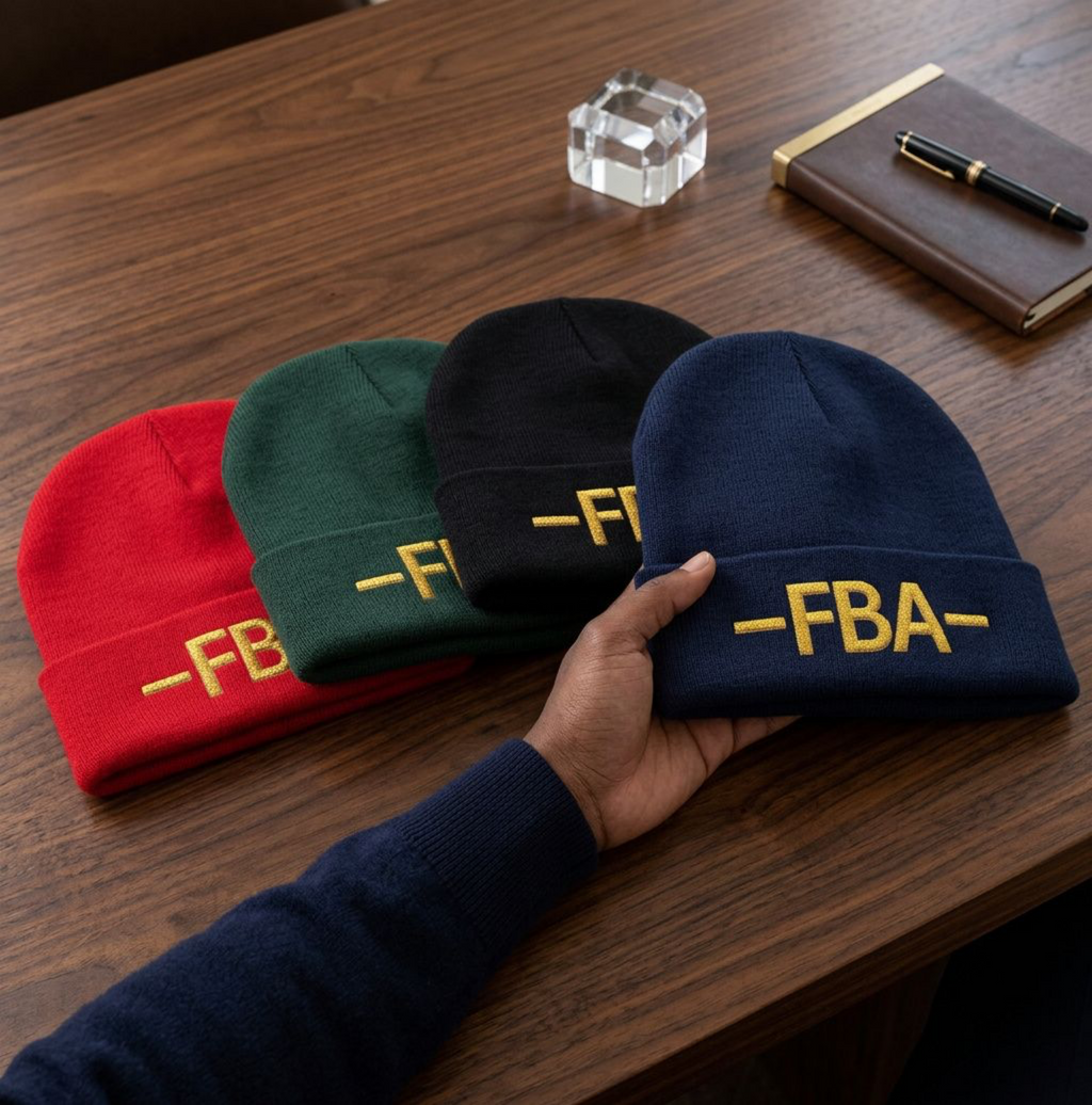 FBA Embroidered Knit Beanie — Warm Cuffed Hat with Gold Lettering