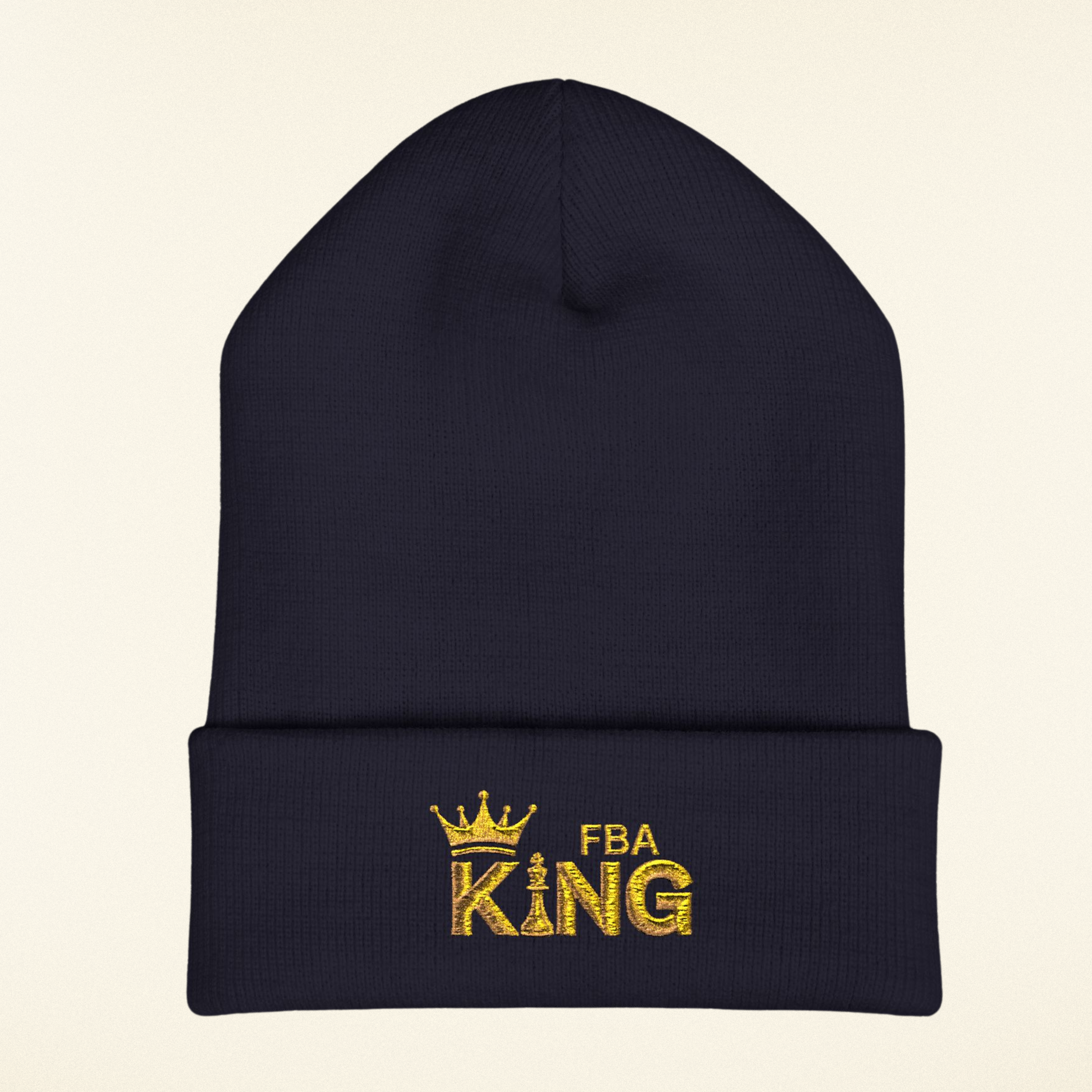 King Embroidered Cuffed Beanie — Gold Crown "FBA King" Knit Hat