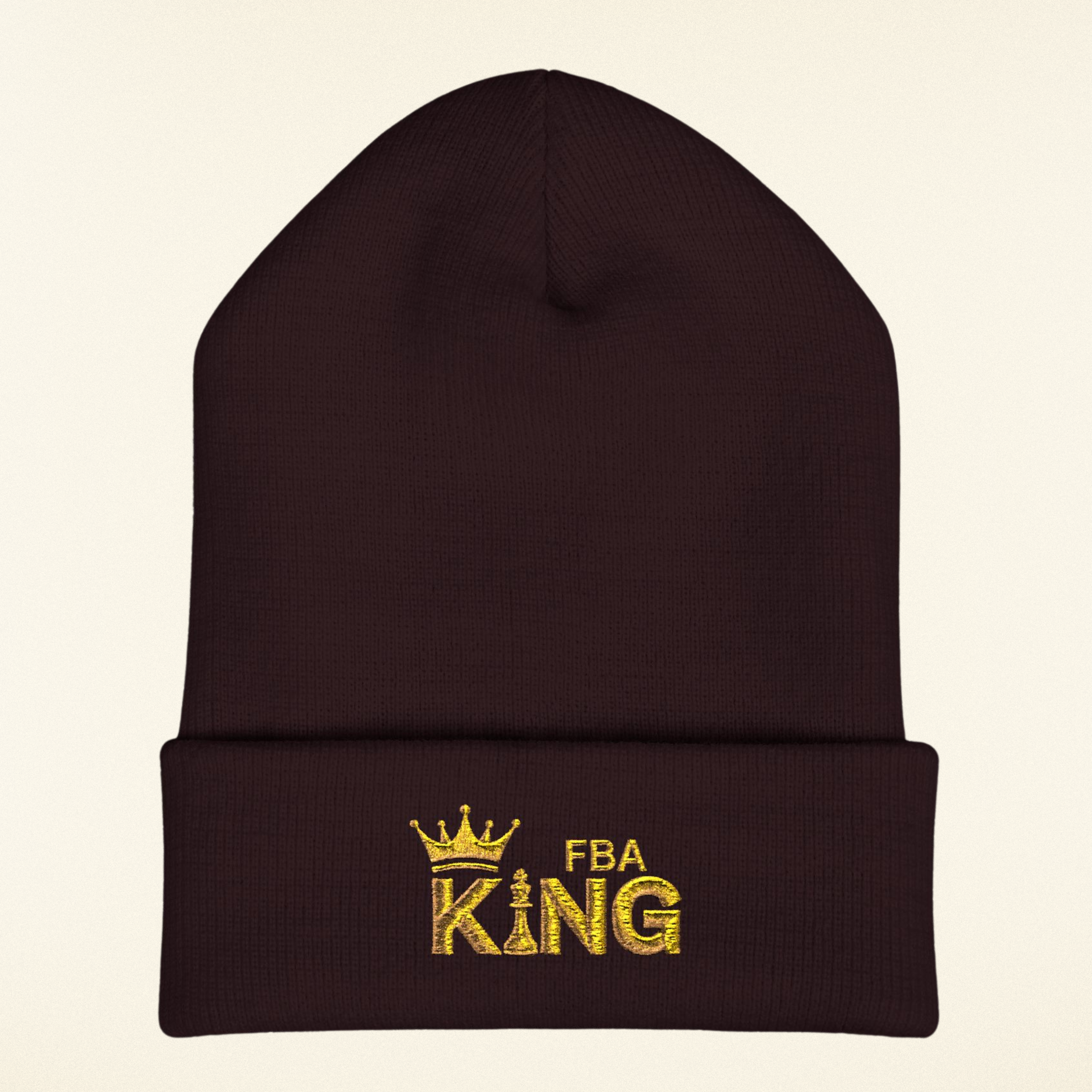 King Embroidered Cuffed Beanie — Gold Crown "FBA King" Knit Hat