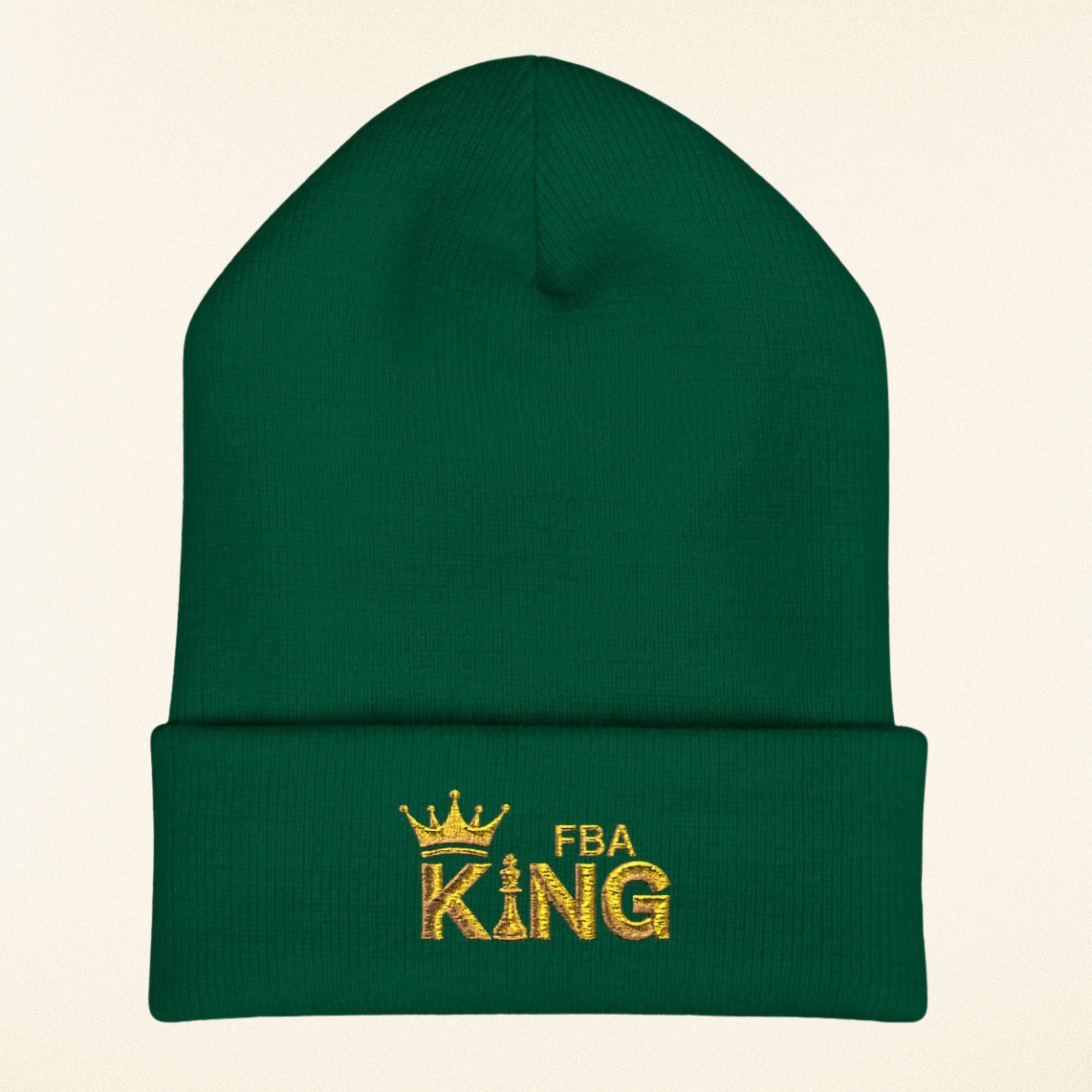 King Embroidered Cuffed Beanie — Gold Crown "FBA King" Knit Hat