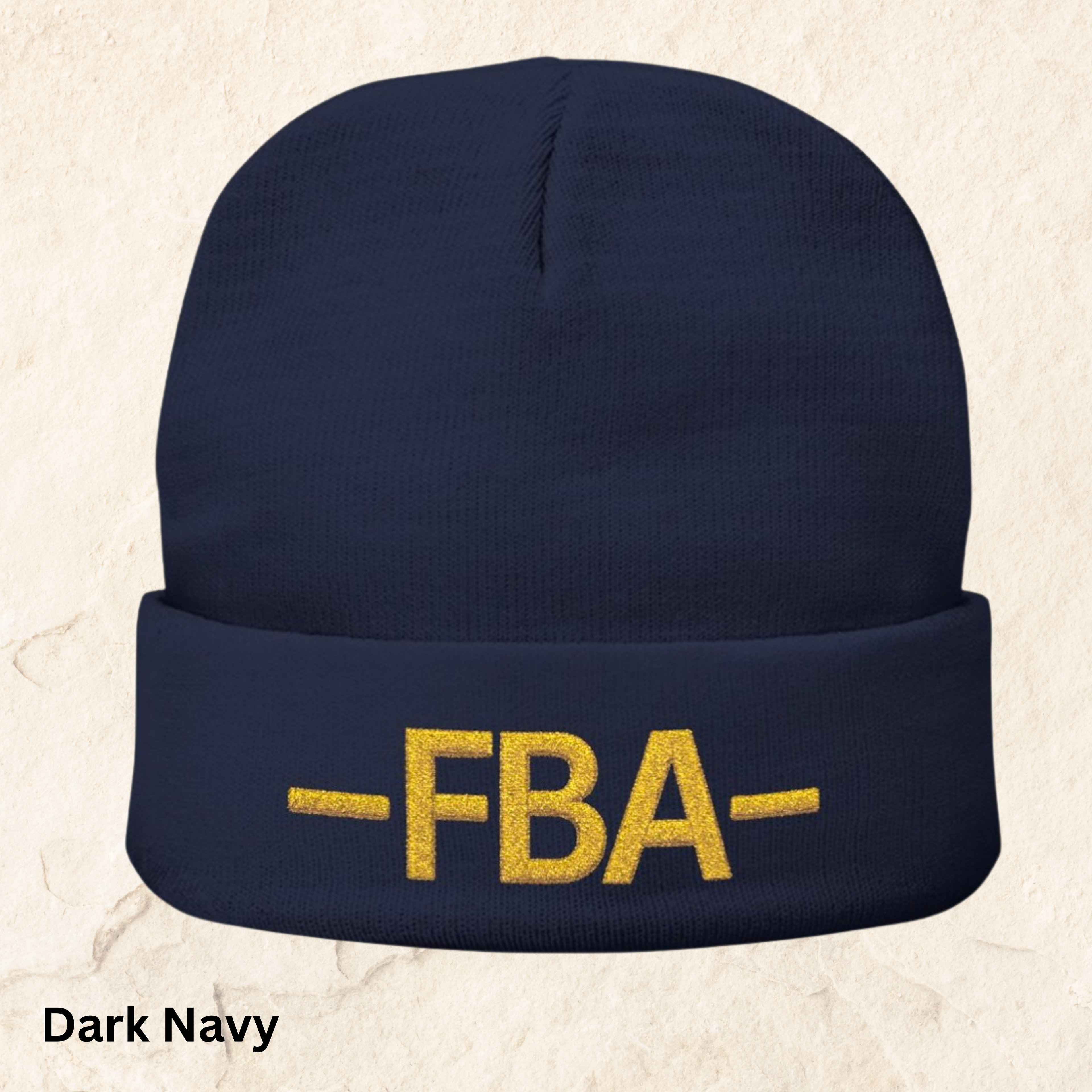 FBA Embroidered Knit Beanie — Warm Cuffed Hat with Gold Lettering