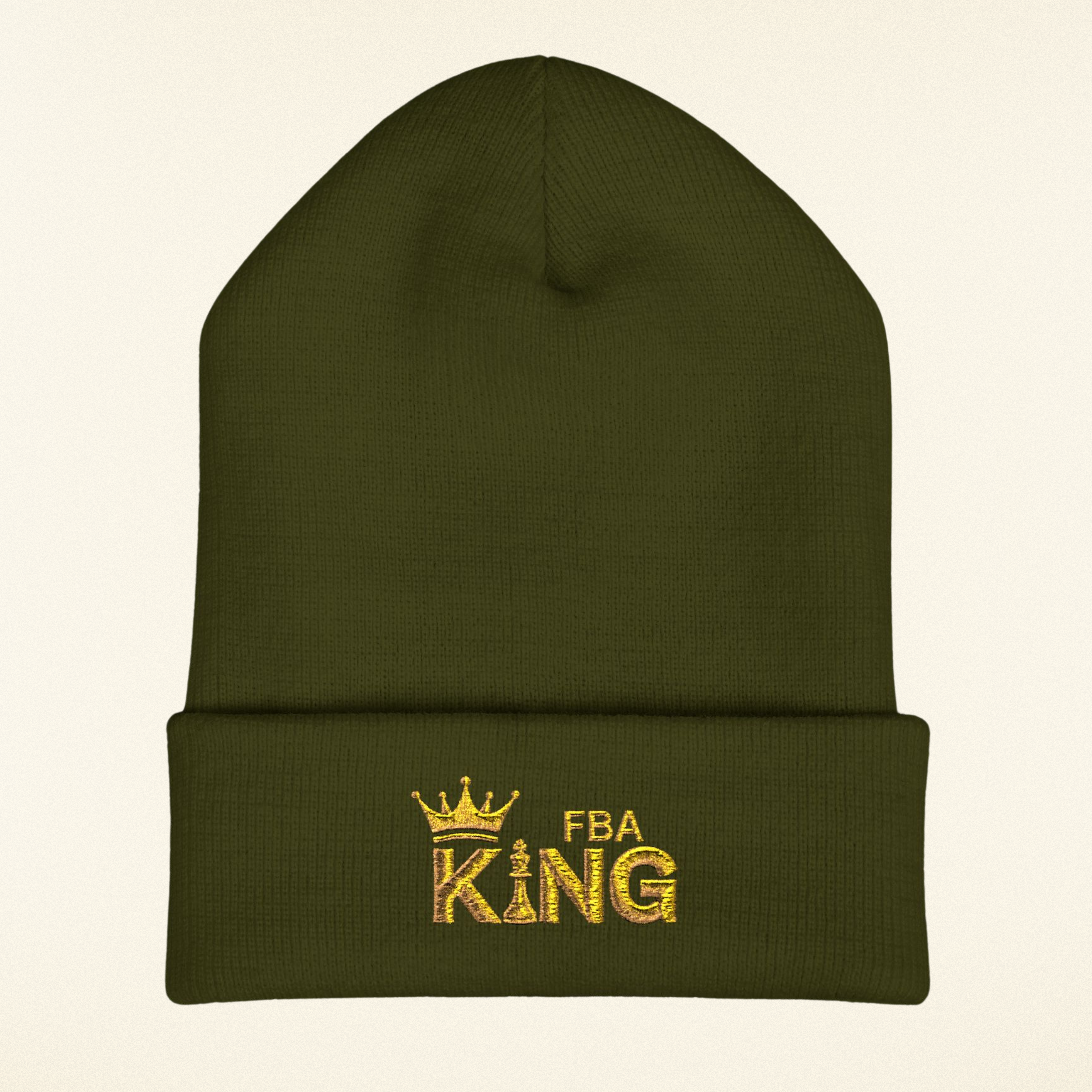 King Embroidered Cuffed Beanie — Gold Crown "FBA King" Knit Hat